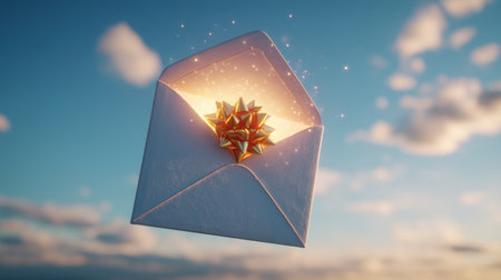 An illuminated gift inside a mail envelope floats against a blue sky, evoking feelings of magic and anticipation as it arrives at its destination.の素材