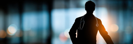 A doctor in silhouette stands with arms open, showing confidence.の素材