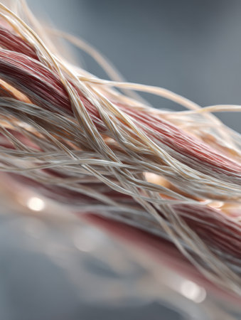 Detailed macro representation of muscle fibers illustrates their complex structure and interplay of colors, creating an abstract yet scientific visual study.の素材