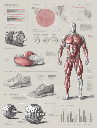 This hand-drawn infographic showcases muscle anatomy sketches alongside various fitness gear and statistics, aimed at strength training and fitness enthusiasts.の素材