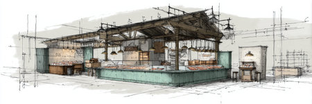 Sketch captures a vintage fishmonger booth bustling with activity, featuring pastel colors and an inviting open space ideal for fresh seafood sales.の素材