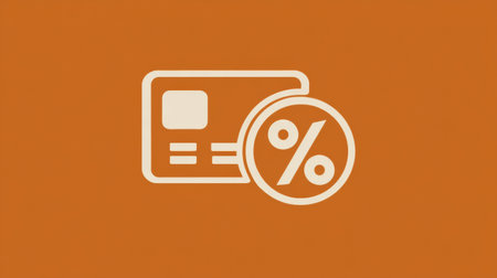 A colorful credit card and percent sign on a vibrant orange background, symbolizing financial transactions and marketing promotions.の素材