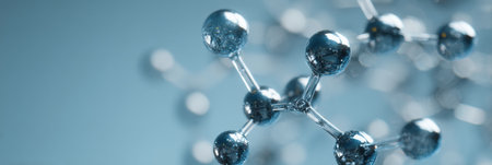 Soft blue light highlights the intricate molecular structure model, showing the arrangement and connection of atoms and bonds in a scientific context.の素材