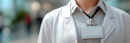 Hospital badge displays professional identification worn by a healthcare worker in a clinical setting, showing commitment to patient care.の素材