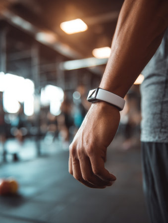 A fitness tracker rests on a muscular wrist while a bustling gym atmosphere surrounds the individual engaged in an energetic workout routine.の素材