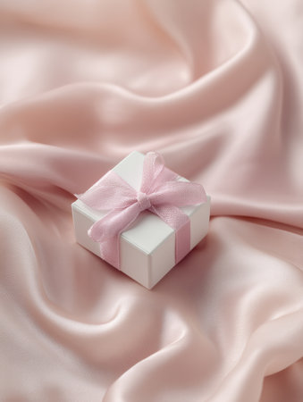 A delicate white box with a pink ribbon sits atop luxurious light pink silk, casting soft shadows and adding a touch of elegance to the arrangement.の素材