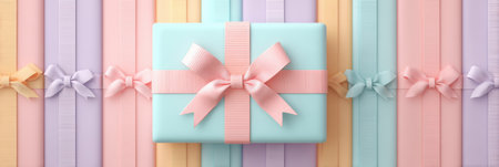 A large gift wrapped in mint green paper with a pink ribbon takes center stage, surrounded by pastel ribbons in soft colors, perfect for a festive occasion.の素材