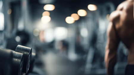 Blurred figure engages in strength training with free weights in a well-equipped gym, emphasizing exercise and physical fitness during an active session.の素材