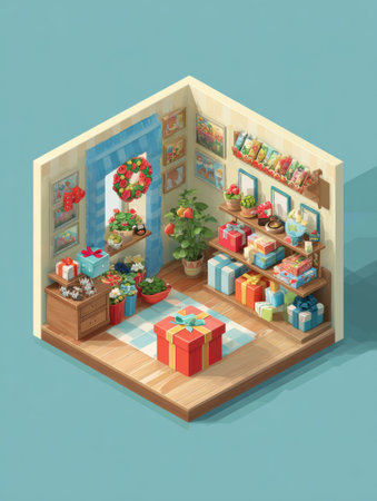 A vibrant isometric gift corner showcases various wrapped presents and festive decorations in a warm and inviting setting, perfect for holiday celebrations.の素材