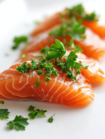 Vibrant salmon slices are artistically arranged and garnished with fresh parsley, creating a visually appealing dish against a clean white background.の素材