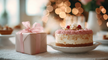 A birthday cake adorned with pink frosting and a decorative gift are displayed prominently, with soft bokeh lighting creating a festive atmosphere.の素材
