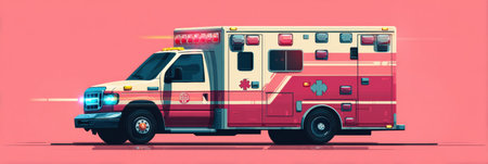 Ambulance is depicted with lights activated, showing its emergency response capabilities in a colorful flat art style on a clear background.の素材