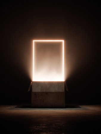 A mysterious box opens, illuminating the surroundings with a soft, radiant glow against the dark backdrop, creating an enchanting atmosphere.の素材