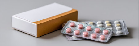 Medicine box accompanied by a blister pack containing colorful tablets rests on a smooth neutral background, emphasizing healthcare essentials.の素材
