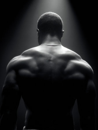 A muscular back is flexed under a dramatic spotlight, showing the definition and strength of the physique. The lower margin remains clear for emphasis.の素材