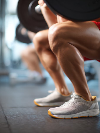 Side view of legs performing a squat with emphasis on muscle engagement in a gym environment, blurred surroundings highlighting fitness energy.の素材