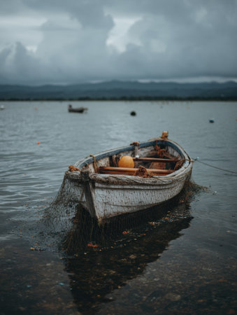 A small fishing boat adorned with a net drifts quietly in still water, surrounded by a cloudy sky and a serene coastal landscape.の素材
