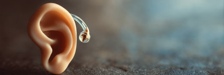 A macro shot features a hearing aid next to an open ear, showing its design and the ears natural shape for clarity and precision.の素材