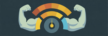 A strength meter infographic illustrates levels of physical strength with an eye-catching flex icon, showing a spectrum of performance values.の素材