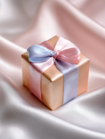 A small pastel gift, wrapped in soft ribbons, rests on satin fabric, bathed in gentle light, creating a serene atmosphere.の素材