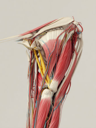 This illustration presents a thorough exploded view of arm muscle structure, highlighting various muscles, tendons, and nerves against a light paper background.の素材