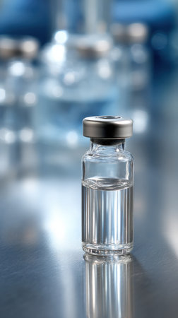A clear vaccine vial sits on a sterile table surface with a blurred background of additional vials, representing a clinical setting for vaccination.の素材