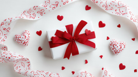 A wrapped gift with a red ribbon rests on a bright surface, surrounded by hearts and charming decorations, perfect for Valentines Day.の素材