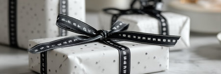 Stylish monochrome wrapping featuring delicate polka dots and lettered ribbon complements a clean surface, creating the perfect setting for a gift.の素材
