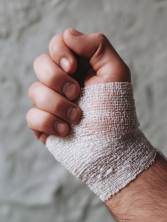 A hand wrapped in a bandage firmly clenches, highlighting the healing process on a simple, clean surface. This moment captures strength and recovery.の素材