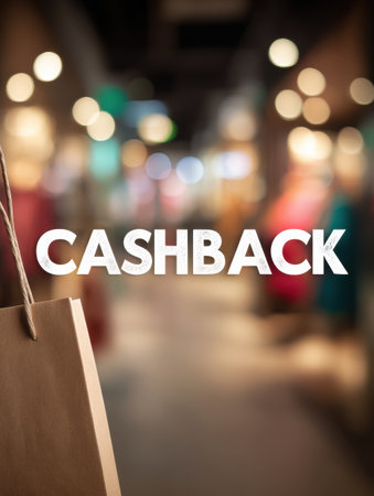 Cashback promotional symbol is featured against a blurred shopping backdrop showcasing various retail items and a lively atmosphere filled with shoppers.の素材
