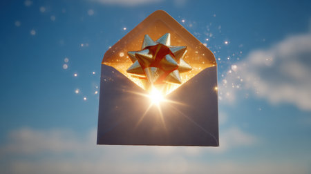 A captivating gift appears from an envelope, radiating a warm glow beneath a serene blue sky, creating a sense of wonder and excitement.の素材