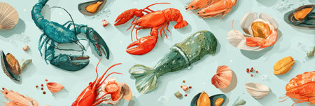 Vibrant illustration showcases lobsters, shrimp, and clams artfully arranged on a light background for marketing.の素材