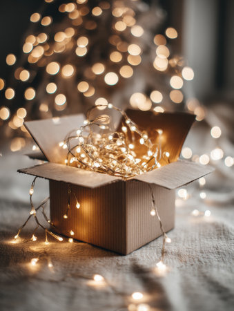 A holiday box is opened to reveal sparkling lights, spreading joy and warmth while enhancing the festive spirit during the holiday season.の素材