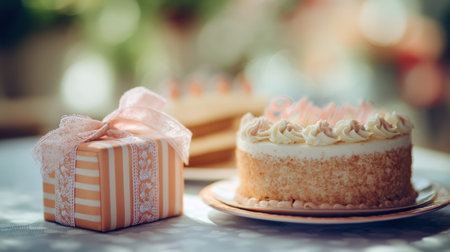 A delightful birthday gathering with a scrumptious cake and a wrapped gift prominently displayed, creating a warm festive atmosphere.の素材