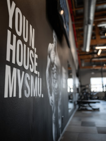 A gym wall features an inspiring quote alongside a powerful muscle form, creating an energizing environment for fitness enthusiasts during their workouts.の素材
