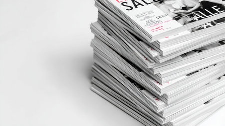 Pile of sale flyers displayed on a clean white tabletop, highlighting discounts and promotions available for a limited time, inviting customer interestの素材
