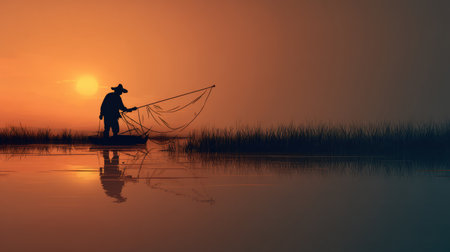 A lone fisherman stands in quiet waters, skillfully pulling a net while the sun sets, casting a warm gradient over the calm landscape of reeds.の素材