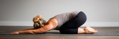 A person demonstrates muscle control in a yoga pose, focusing on relaxation and stretching in a minimalistic indoor setting, showing tranquility and balance.の素材