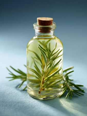 A clear glass bottle filled with light oil showcases sprigs of fresh rosemary, beautifully arranged against a clean blue backdrop, emphasizing natural elements.の素材