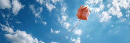 A vibrant gift-shaped balloon drifts upward against a stunning blue sky filled with fluffy clouds, creating a joyful and festive atmosphere.の素材