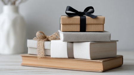 A neatly arranged gift box is placed on top of a stack of books at the corner of a table, creating an inviting reading space with minimal distractions.の素材
