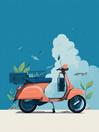 Bright orange scooter equipped for seafood delivery stands against a vivid blue sky, surrounded by fish and aquatic elements, ready for business.の素材