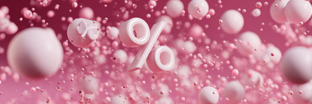 Colorful 3D percentage symbols soar through a vibrant pink background, creating a dynamic visual experience with a clear foreground area below.の素材
