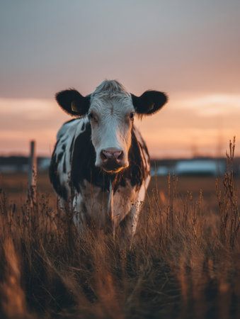 A calm cow stands in a field as the sun sets, casting warm colors across the sky and creating a peaceful atmosphere with blurred grass in the foreground.の素材