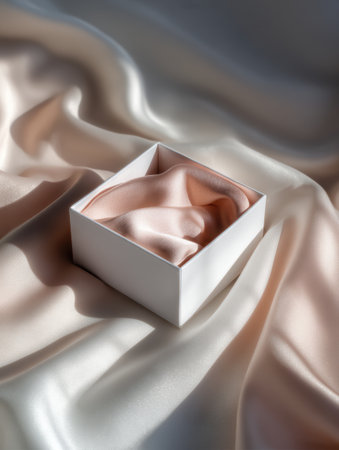 A smooth layer of light pink silk lies gently around a white square box, creating soft shadows on a calming surface that emphasizes tranquility.の素材