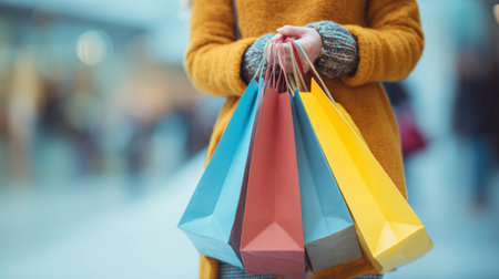 A woman is holding multiple shopping bags in vibrant colors while surrounded by a lively shopping atmosphere filled with blurred shoppers.の素材
