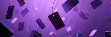 Ethereal floating price tags hover in a serene purple fog, illuminated by a central light source, creating a captivating and enchanting display.の素材