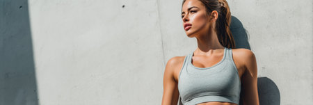 Fashionable model poses confidently in seamless gym attire under natural light, highlighting comfort and style during an outdoor photoshoot.の素材