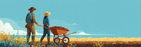 A farmer couple walks together in a sunlit field, pushing a wheelbarrow filled with soil as they work on their crops under a clear blue sky.の素材