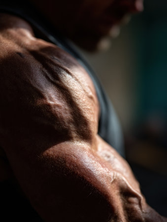 Focus on a well-defined arm exhibiting strong muscle definition and shadows while engaged in a workout session, emphasizing strength and dedication.の素材